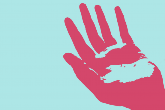 Open pink hand on light blue background