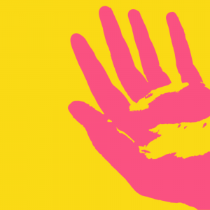 Pink hand on yellow background