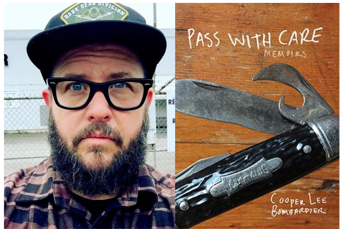 image of Cooper Lee Bombardier, a bearded, blue-eyed white man wearing glasses and a baseball cap, alongside the cover of his book, "Pass with Care" featuring an image of a pocketknife on a wooden background